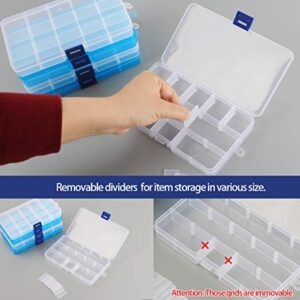 6 Pack Plastic Bead Organizer Storage Box with Compartments Containers with Adjustable Dividers Clear Storage Box for Earring Jewelry Beads Fishing Sewing Craft Supplies, 15 Grids