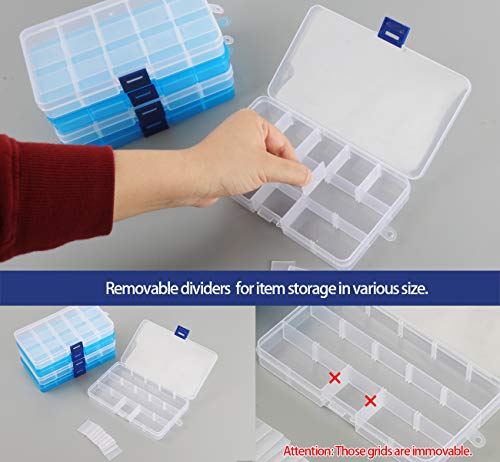 6 Pack Plastic Bead Organizer Storage Box with Compartments Containers with Adjustable Dividers Clear Storage Box for Earring Jewelry Beads Fishing Sewing Craft Supplies, 15 Grids