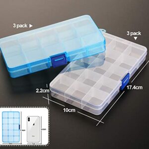 6 Pack Plastic Bead Organizer Storage Box with Compartments Containers with Adjustable Dividers Clear Storage Box for Earring Jewelry Beads Fishing Sewing Craft Supplies, 15 Grids