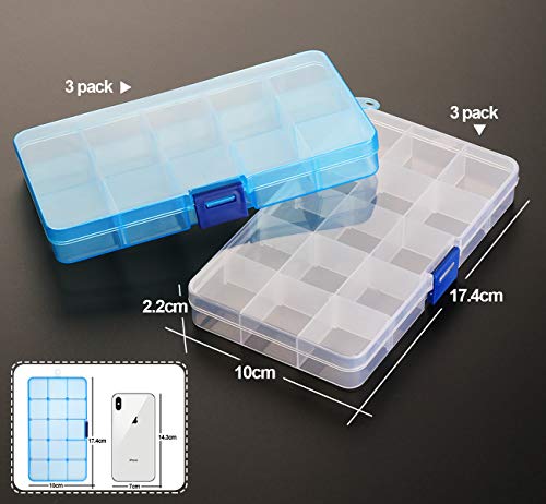 6 Pack Plastic Bead Organizer Storage Box with Compartments Containers with Adjustable Dividers Clear Storage Box for Earring Jewelry Beads Fishing Sewing Craft Supplies, 15 Grids