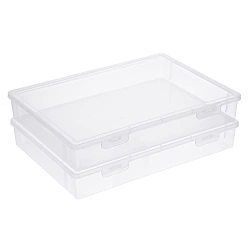 BTSKY Clear Plastic Storage Box with Flap Lid, Multipurpose Craft Organizers and Storage Box Art Supply Storage Organizer with Snap Closure Plastic Sewing Box for Pencils Markers Notebooks A4 Files, 2 Pack Big