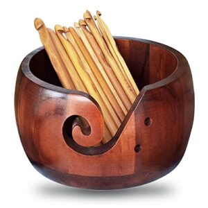 wonderbooom wooden yarn bowl with 12 pcs bamboo handle crochet hooks,knitting wool storage with holes,handmade crochet bowl holder rosewood for mother’s day