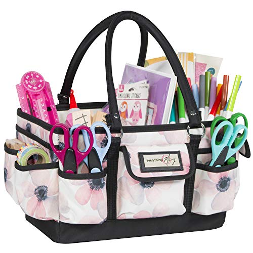 Everything Mary White Flower Deluxe Store and Tote - Storage Craft Bag Organizer for Crafts, Sewing, Paper, Art, Desk, Canvas, Supplies Storage Organization with Handles for Travel