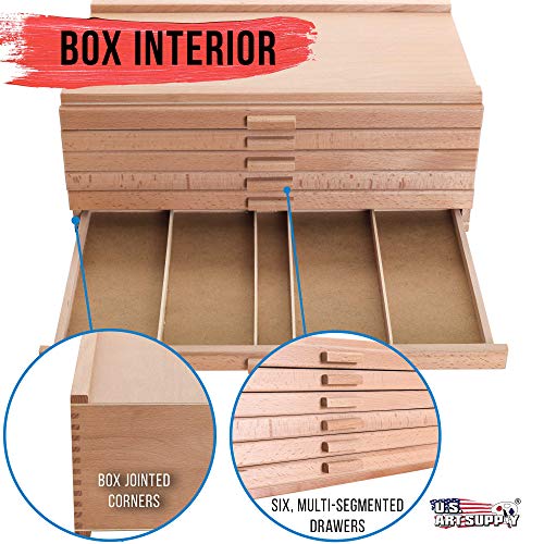 U.S. Art Supply 6 Drawer Wood Artist Supply Storage Box - Pastels, Pencils, Pens, Markers, Brushes