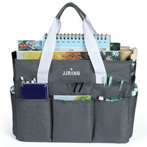 jjring craft organizer tote bag, large art storage caddy with multiple pockets, gray sewing bag for art, craft, scrapbooking, school, medical, and office supplies storage