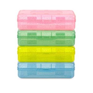 blue summit supplies colorful glitter plastic pencil boxes, translucent pencil boxes for school, crayon and marker organizer boxes with hinged lids, assorted colors, 4 pack