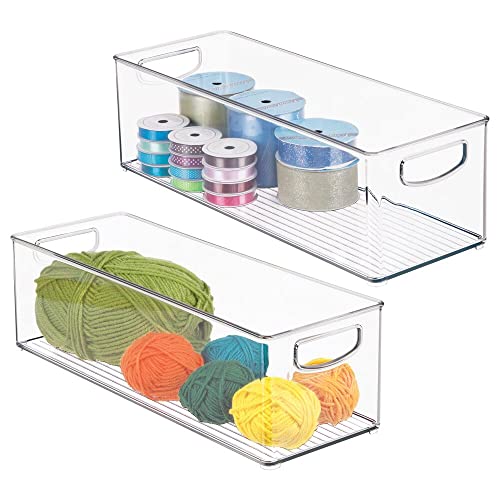 mDesign Plastic Art Supply Basket Storage Container Holder, Long Organizer Bins with Handles - for Home, Kitchen, Pantry Cabinet Organization - Holds Markers, Craft Sets - 2 Pack - Clear