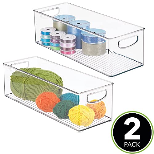 mDesign Plastic Art Supply Basket Storage Container Holder, Long Organizer Bins with Handles - for Home, Kitchen, Pantry Cabinet Organization - Holds Markers, Craft Sets - 2 Pack - Clear