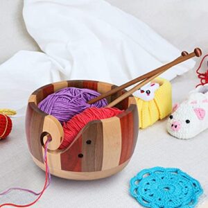 LucyPhy Wooden Yarn Bowl 6 x 3.1inch Handmade Craft Knitting Bowl Wool Storage Basket with Carved Holes & Drills for DIY Knitting Crocheting Accessories(Mixed Color)