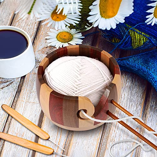 LucyPhy Wooden Yarn Bowl 6 x 3.1inch Handmade Craft Knitting Bowl Wool Storage Basket with Carved Holes & Drills for DIY Knitting Crocheting Accessories(Mixed Color)