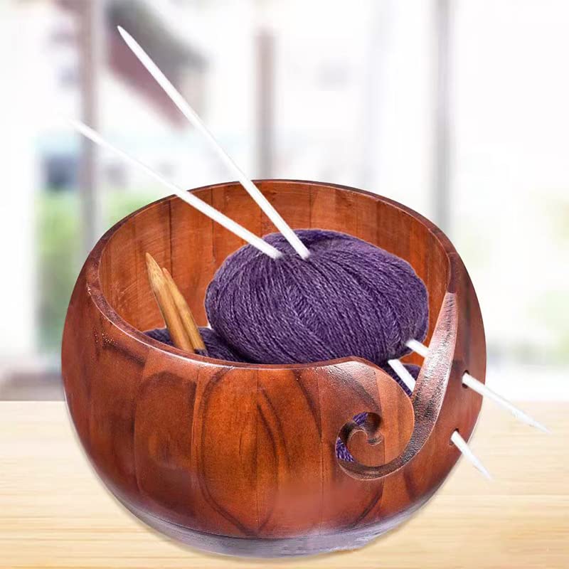 Yarn Bowls for Knitting Crocheting, Wood Yarn Bowl with Holes, Yarn Storage Bowl Holder for DIY, Yarn Organizer Bowl for Mothers Gift 5.9 X 3.1 Inch