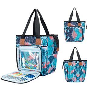 vicarko yarn storage tote, knitting bag, with inner dividers, pockets for crochet hooks & needles, 4 grommet holes, project storage, zipper closure cover, shoulder bags, hawaii blue