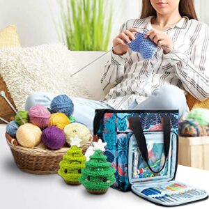 VICARKO Yarn Storage Tote, Knitting Bag, with Inner Dividers, Pockets for Crochet Hooks & Needles, 4 Grommet Holes, Project Storage, Zipper Closure Cover, Shoulder Bags, Hawaii Blue