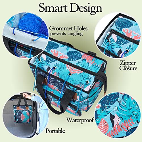 VICARKO Yarn Storage Tote, Knitting Bag, with Inner Dividers, Pockets for Crochet Hooks & Needles, 4 Grommet Holes, Project Storage, Zipper Closure Cover, Shoulder Bags, Hawaii Blue