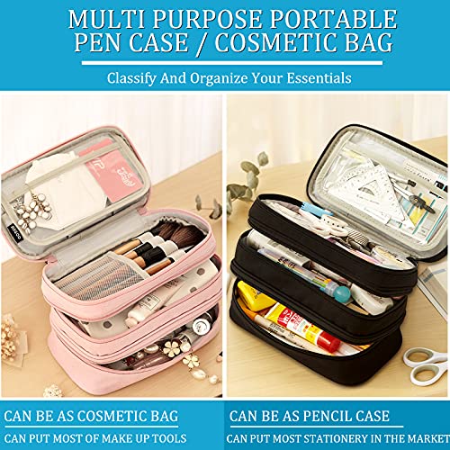 Large Capacity Pen Pencil Case Stationery Storage Large Handle Pen Pouch Bag 3 Layers Pen Pencil Organizer Bag with Double Zipper, Cosmetic Bag for College Students Men Women Girls Adults