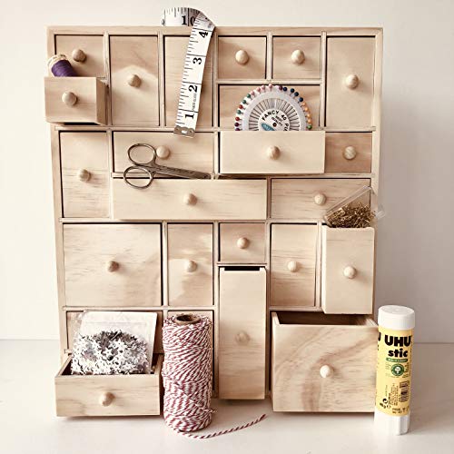 HYGGEHAUS Art Organizer & Storage - 24 Drawer Crafts Organization | Apothecary Cabinet Dresser Chest | DIY Advent Wooden Calendar | Comes Fully Assembled, Solid Pine Wood - L:12.5" x H:14.5" x D:4"