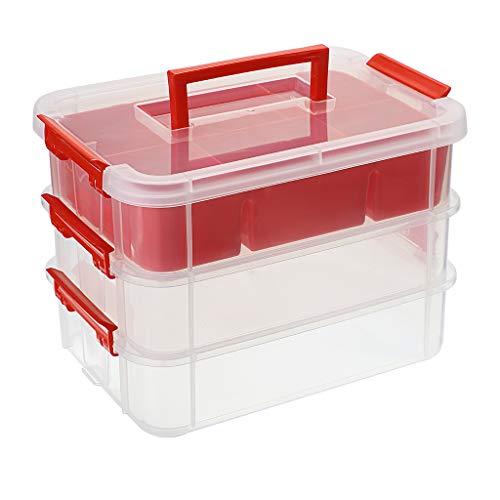 BTSKY 3 Layer Stack & Carry Box, Plastic Multipurpose Portable Storage Container Box Handled Organizer Storage Box with Removable Tray for Organizing Sewing, Art Craft, Supplies Red