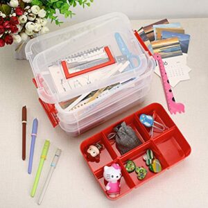 BTSKY 3 Layer Stack & Carry Box, Plastic Multipurpose Portable Storage Container Box Handled Organizer Storage Box with Removable Tray for Organizing Sewing, Art Craft, Supplies Red