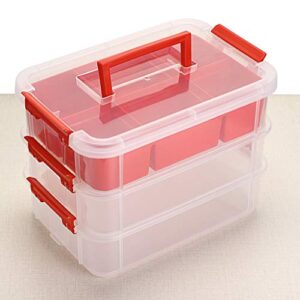 BTSKY 3 Layer Stack & Carry Box, Plastic Multipurpose Portable Storage Container Box Handled Organizer Storage Box with Removable Tray for Organizing Sewing, Art Craft, Supplies Red