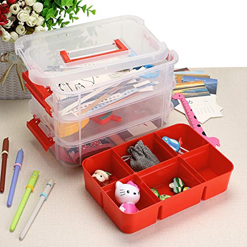 BTSKY 3 Layer Stack & Carry Box, Plastic Multipurpose Portable Storage Container Box Handled Organizer Storage Box with Removable Tray for Organizing Sewing, Art Craft, Supplies Red