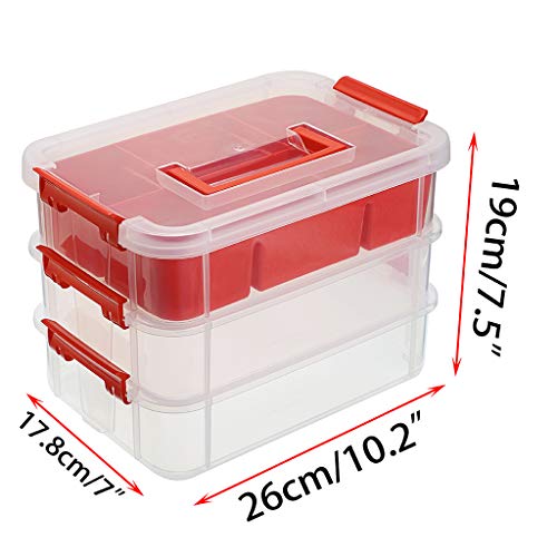 BTSKY 3 Layer Stack & Carry Box, Plastic Multipurpose Portable Storage Container Box Handled Organizer Storage Box with Removable Tray for Organizing Sewing, Art Craft, Supplies Red