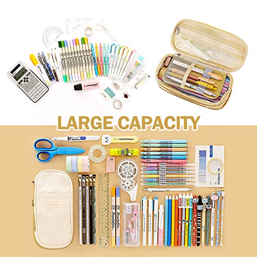 LHMTQVK Large Pencil Case Pencil Pouch Can Expand Pencil Bag Big Capacity Pencil Bag Large Storage Pouch Pencil Case Aesthetic Pencil Cases for Adults Cute Pencil Pouch (khaki beige)