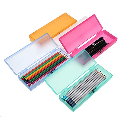 BTSKY 5 Pack Colorful Plastic Pencil Box Sketch Pencil Case Plastic Stationery Case with Snap Closure for Pencils, Pens, Drill Bits, Office Supplies