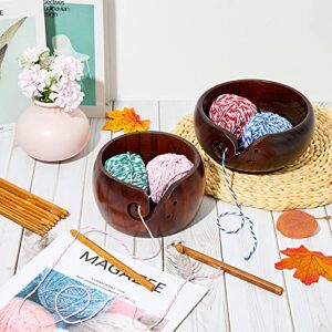 2 Sets Wooden Yarn Bowl Crochet Bowl Bamboo Handmade Knitting Wool Storage Round Rosewood Yarn Bowl with Holes 12 Pieces Crochet Hooks for Knitting Crocheting DIY Arts Crafts Tools Supplies