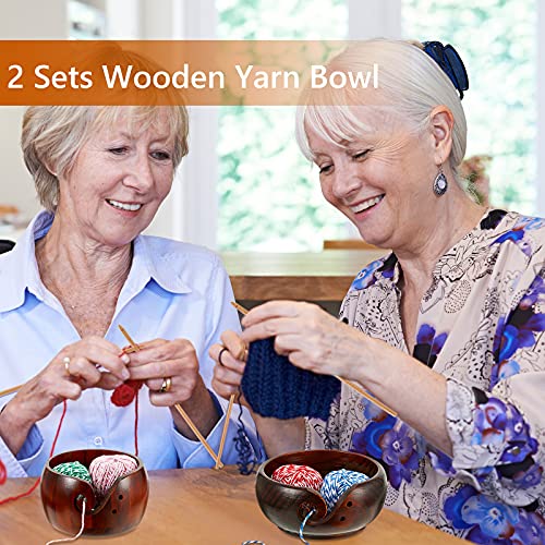 2 Sets Wooden Yarn Bowl Crochet Bowl Bamboo Handmade Knitting Wool Storage Round Rosewood Yarn Bowl with Holes 12 Pieces Crochet Hooks for Knitting Crocheting DIY Arts Crafts Tools Supplies