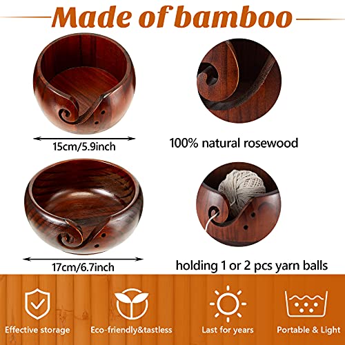 2 Sets Wooden Yarn Bowl Crochet Bowl Bamboo Handmade Knitting Wool Storage Round Rosewood Yarn Bowl with Holes 12 Pieces Crochet Hooks for Knitting Crocheting DIY Arts Crafts Tools Supplies