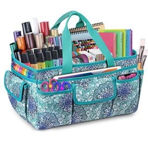 finpac large craft storage tote bag with multiple pockets, scrapbooking carrying case storage caddy with handle for sewing, art, desktop, baby care supplies (emerald illusions)