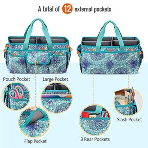 FINPAC Large Craft Storage Tote Bag with Multiple Pockets, Scrapbooking Carrying Case Storage Caddy with Handle for Sewing, Art, Desktop, Baby Care Supplies (Emerald Illusions)