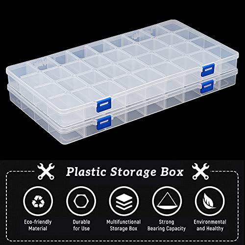 BENECREAT 2 Pack 36 Grids 14.3x8x1.18 Inch Large Transparent Plastic Compartment Box Grid Bead Organizers with Adjustable Dividers for Jewelry, Beads Accessories
