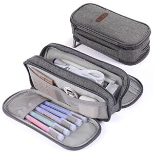 pencil case big capacity pen bag 3 compartment large storage pouch marker pen case with zipper waterproof portable for school girls boys teens (grey)