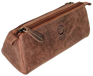 rustic town leather pencil case – zippered pen holder pouch for school, work & office (medium brown)