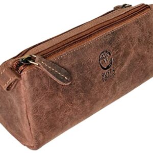 RUSTIC TOWN Leather Pencil Case - Zippered Pen Holder Pouch for School, Work & Office (Medium Brown)