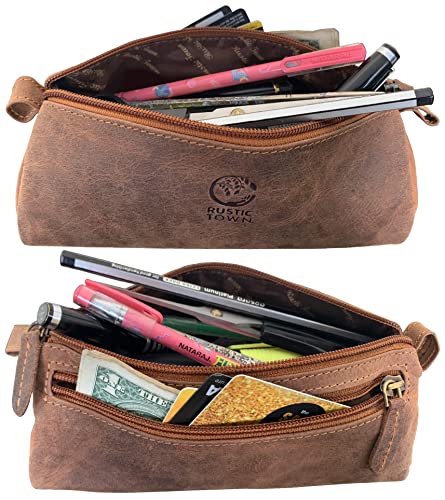 RUSTIC TOWN Leather Pencil Case - Zippered Pen Holder Pouch for School, Work & Office (Medium Brown)