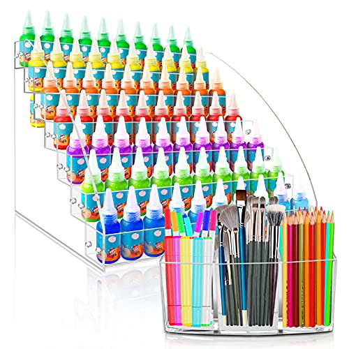 LASZOLA 7 Layers Paint Storage Organizer and Paint Brush Holder, Acrylic Paint Rack Stand Oil Paint Tubes Ink Bottle Paints Tool Storage Holder with 3 Compartments Brush Organizer (No Pearl)