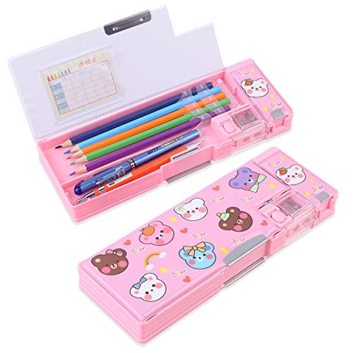 LilyBeauty Pop Up Multifunction Pencil Case for Girls Boys, Cute Cartoon Pen Box Organizer Stationery with Sharpener, Schedule, School Supplies, Best Birthday Gifts for Kids Teens (Bear)