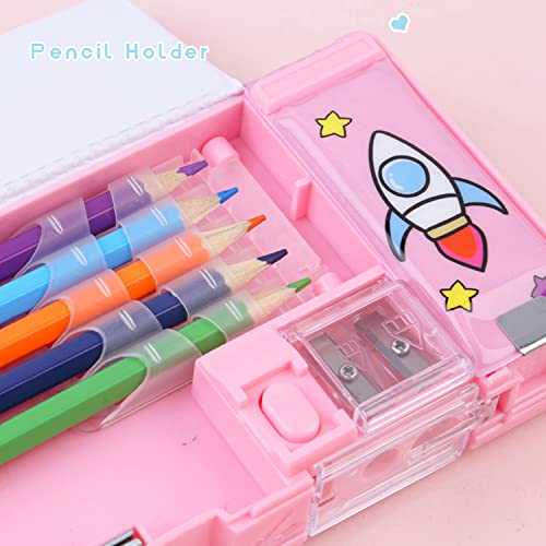 LilyBeauty Pop Up Multifunction Pencil Case for Girls Boys, Cute Cartoon Pen Box Organizer Stationery with Sharpener, Schedule, School Supplies, Best Birthday Gifts for Kids Teens (Bear)