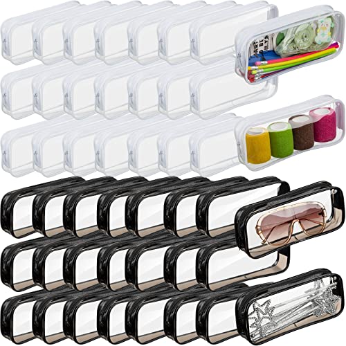 50 Pcs Clear Pencil Case Transparent Big Capacity Exam Pencil Bag PVC Large Zipper Pencil Pouch Aesthetic Plastic Portable Travel Toiletry Bag for Office Stationery Makeup Storage, White and Black