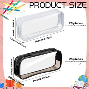 50 Pcs Clear Pencil Case Transparent Big Capacity Exam Pencil Bag PVC Large Zipper Pencil Pouch Aesthetic Plastic Portable Travel Toiletry Bag for Office Stationery Makeup Storage, White and Black