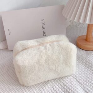 REFRASE LIFE Cute Pencil Case, Furry Pencil Pouch, Small Plush Makeup Bag in Macaron Colors, Cosmetic Travel Zipper Bag, Multi-function Purse, Aesthetic School Stationary, Study Supplies (White)