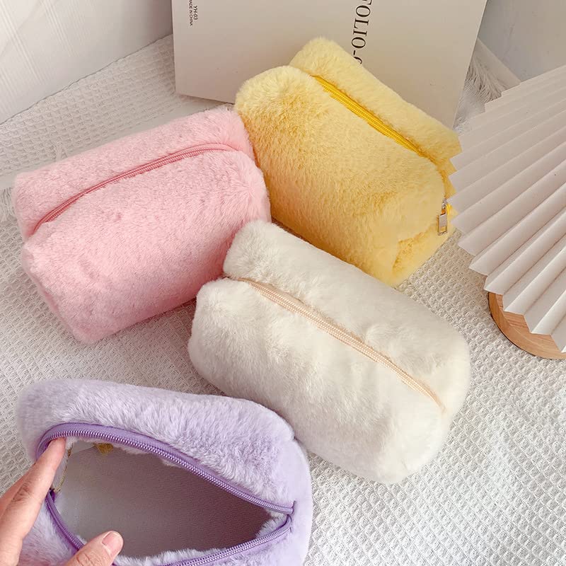 REFRASE LIFE Cute Pencil Case, Furry Pencil Pouch, Small Plush Makeup Bag in Macaron Colors, Cosmetic Travel Zipper Bag, Multi-function Purse, Aesthetic School Stationary, Study Supplies (White)