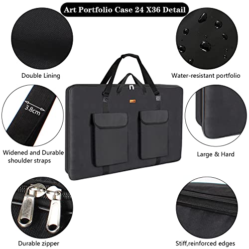 TreochtFUN Art Portfolio Case 24 x 36, Artist portfolio bag 2K Waterproof Canvas Carrying Case with Tote, Portfolio Folder for Artwork Storage for Poster Board Drawing supplies.(Black)