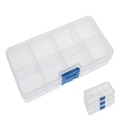 UHZBTEC 4 Pack 8 Grids Plastic Bead Organizer Box/ Clear Crafts Thread Storage Containers with Removable Dividers (Free Letter Stickers)