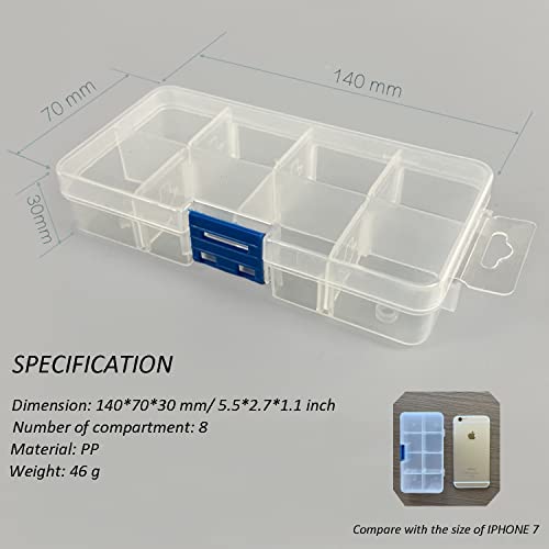 UHZBTEC 4 Pack 8 Grids Plastic Bead Organizer Box/ Clear Crafts Thread Storage Containers with Removable Dividers (Free Letter Stickers)