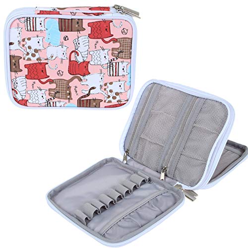 Teamoy Crochet Hook Case Empty, Crochet Hook Organizer with Multiple Pockets for Crochet Needles and Knitting Accessories, Cats Pink