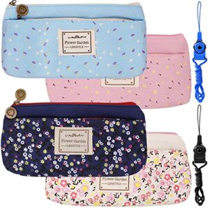 4 pack flower floral canvas pen pencil cases makeup bags, finegood stationery pouch holders with double zippers for school students kids, with 2 hang ropes – dark blue, light blue, pink, cream