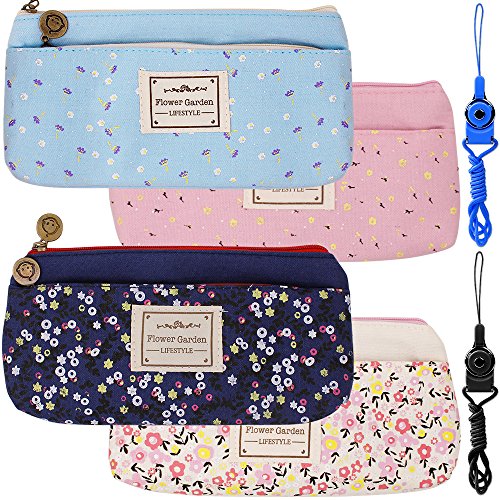 4 Pack Flower Floral Canvas Pen Pencil Cases Makeup Bags, FineGood Stationery Pouch Holders with Double Zippers for School Students Kids, with 2 Hang Ropes - Dark Blue, Light Blue, Pink, Cream